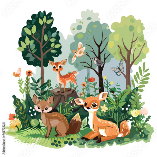 A magical forest with enchanted animals. clipart isol