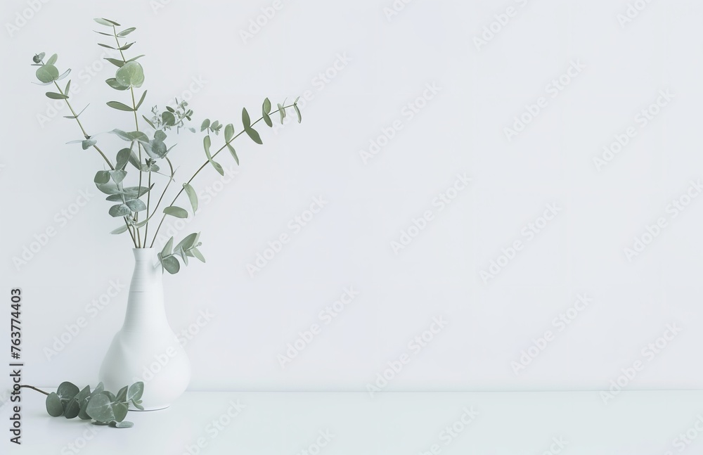 White vase with green leaves on it next to a wall  background on mothers day without text