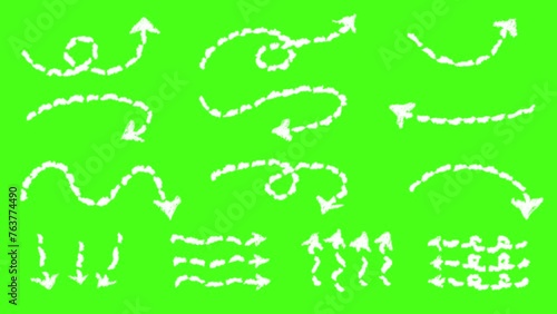 Set of white hand drawn style with crayon brush dotted line arrow animation green screen. Variety of doodle animated pointer. Popping charcoal arrows footage video. Freehand different sketch curved sw