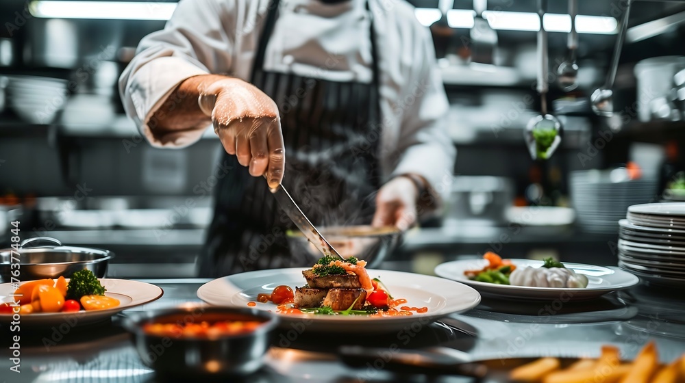 gourmet dish being prepared in a high-end restaurant kitchen gourmet dish being prepared in a high-end restaurant kitchen