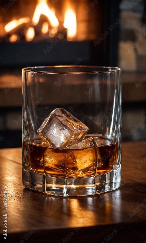 Glass of whiskey with ice cubes on a wooden table in front of a fireplace.
