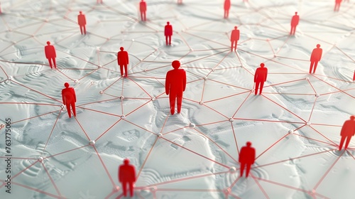 The red person is connected with employees by wide network of lines. At the center of a complex large system. Communication social. Cooperation, collaboration. Project leadership personnel management 