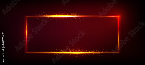 Sparkling golden frame isolated on red gradient background. Vector realistic illustration of shiny rectangular border with magic light and shimmering particles, game ui or banner design element