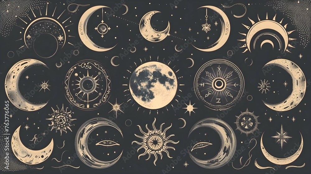 illustration set of moon phases. Different stages of moonlight activity in vintage engraving style. Zodiac Signs - obrazy, fototapety, plakaty 