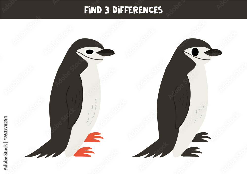 Naklejka premium Find 3 differences between two cute cartoon chinstrap penguins.