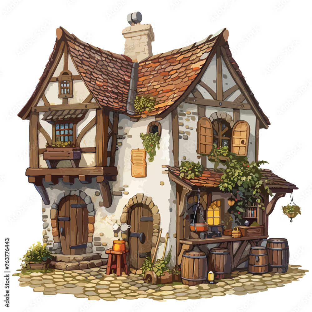 A medieval village with a blacksmith and tavern. clipart