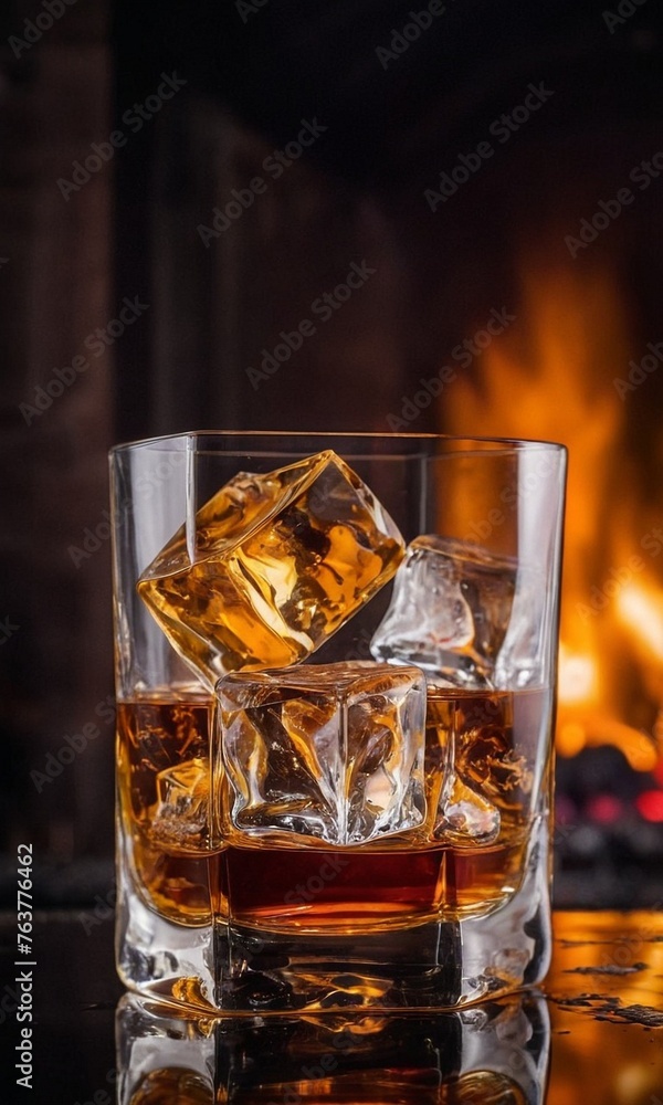 Whiskey with ice on a wooden table in front of a fireplace.