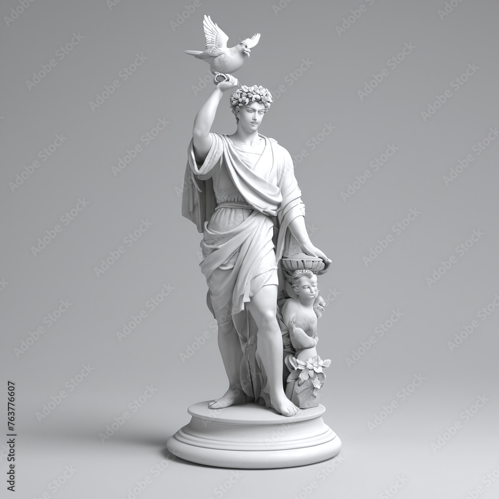 Neo-Classical sculpture of a roman young man with Cornucopia, Gypsum ancient roman statue standing with bird in hand and head