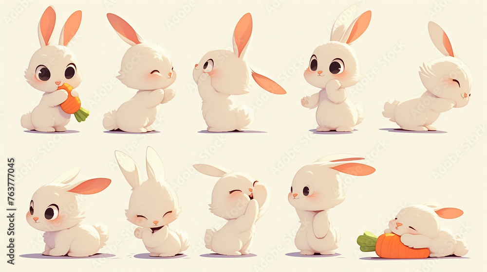An enchanting illustration of a fluffy cartoon rabbits basking in the warm sunlight, surrounded by soft greenery on white background.