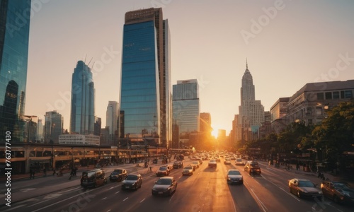 As the sun makes its final bow, the city transitions from day to night amidst a symphony of honking horns and bustling streets. The urban skyline stands tall against the fading daylight, embracing the