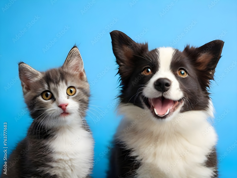 A dog and a cat sit together on a blue background ai image 