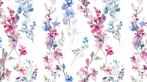 Wildflowers white pink blue floral seamless pattern watercolor white background © Pascal