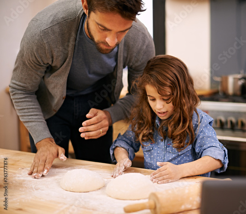 Pizza, dough and child with father in kitchen and teaching recipe, guide and learning to meal prep food. Cooking, together and girl helping with rolling pin and baking with dad in home for dinner