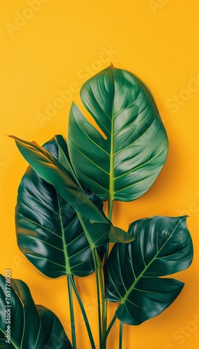 Monstera Leaves on Bright Yellow Background