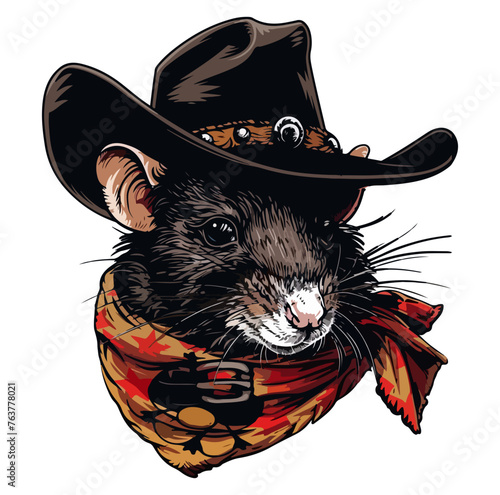 Rat Head wearing wearing cowboy hat and bandana around neck