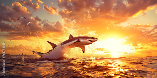   Shark swimming in a water of a sea with sunset in the background A shark jumps out of the water in front of a sunset. The majestic mammals breach is captured in a mesmerizing moment at sea. © Faiza