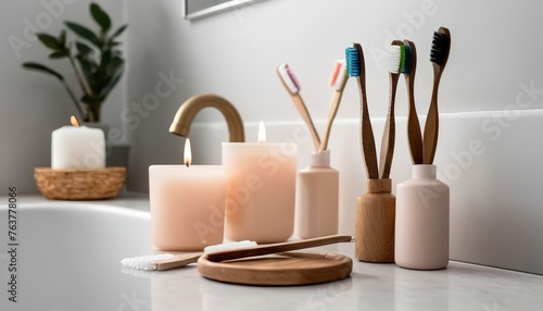 Aesthetic bathroom setting with environmental toothbrushes and scented candle