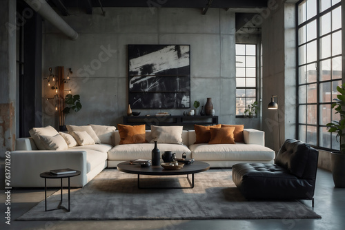 Modernes Loft-Wohnzimmer mit eleganter wei  er Couch und markantem Schwarz-Wei  -Kunstwerk