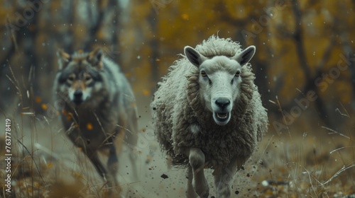 a sheep getting chased by a wolf - wide angle cinematic shot