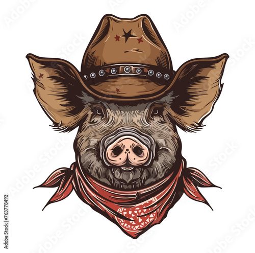 Pig Head wearing wearing cowboy hat and bandana around neck