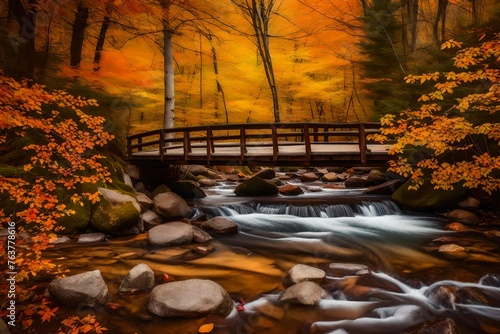 A rustic wooden bridge across a trickling brook, surrounded by vivid autumn foliage, reflecting the atmosphere of a fall day. © MB Khan