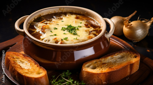 A classic French onion soup topped with melted Gruyere