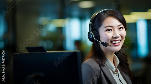 A woman wearing a headset and smiling at the camera