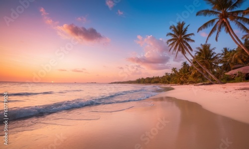 A tranquil shoreline is bathed in the soft hues of sunset, with the sea mirroring the sky's pink and lavender canvas. Palm trees frame the picturesque scene, standing as silent sentinels. AI © Anastasiia