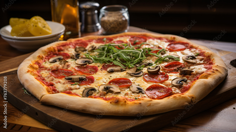A classic Italian pizza with a thin crust tomato sauce