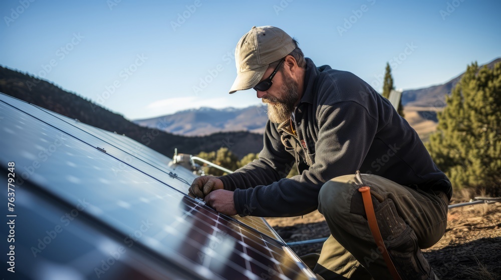 Obraz premium A man in a hard hat is working on a solar panel