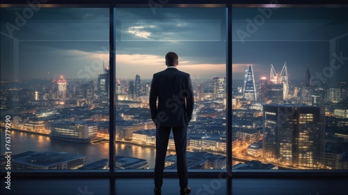 A man in a suit is looking out of a window at a city at night
