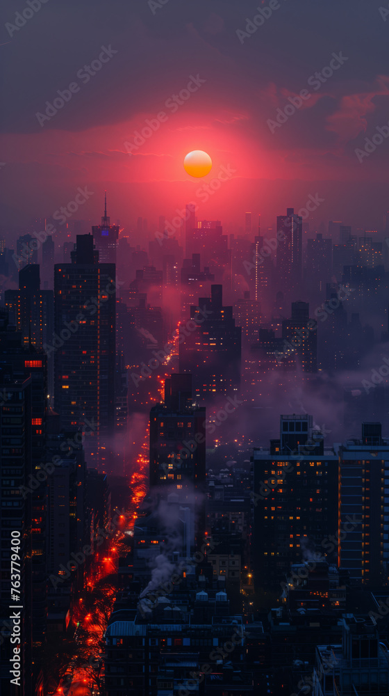 Fototapeta premium Sunset Over Fog-Enshrouded City With Warm Glow