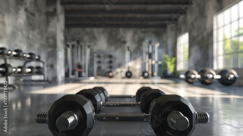 Dumbbells on the floor in a fitness room with exercise equipment behind, 3d rendering. generative AI photo