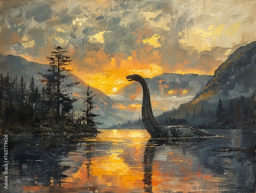 A painting of a dinosaur in a lake with a sunset in the background