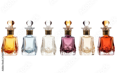 Row of Different Colored Bottles of Perfume. On a White or Clear Surface PNG Transparent Background.