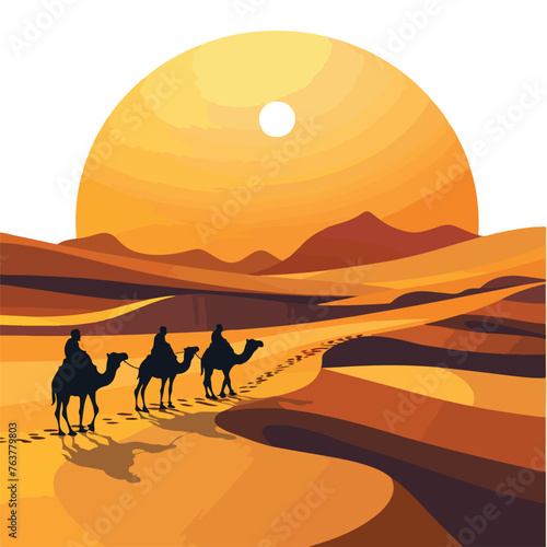 A serene desert landscape with a camel caravan. clipart