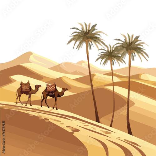A serene desert landscape with a camel caravan. clipart