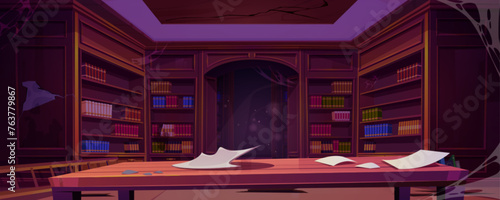 Abandoned public school library with books on broken shelves and furniture, mess and cobweb. Damaged old literature storage room interior. Cartoon vector illustration of bookcase in destroyed archive.