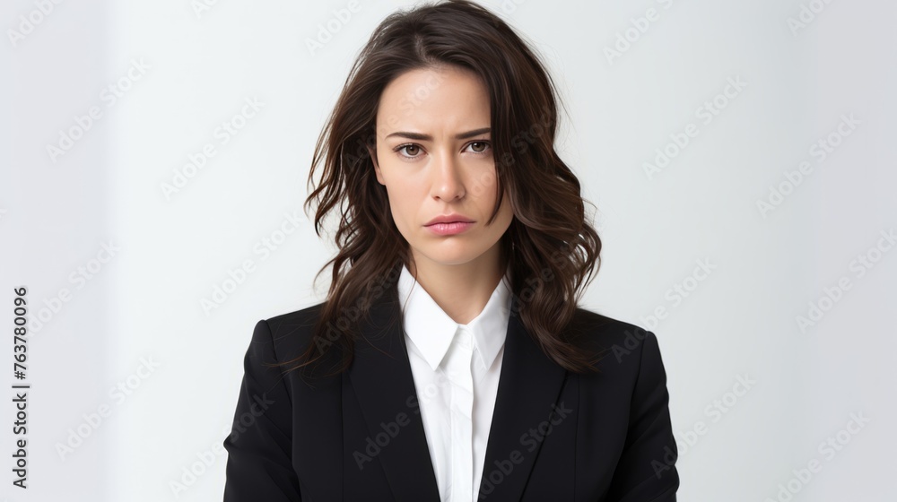 A woman in a business suit is frowning and looking away A woman in a business suit is frowning and looking away