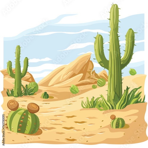 A serene desert landscape with sand dunes and cacti.