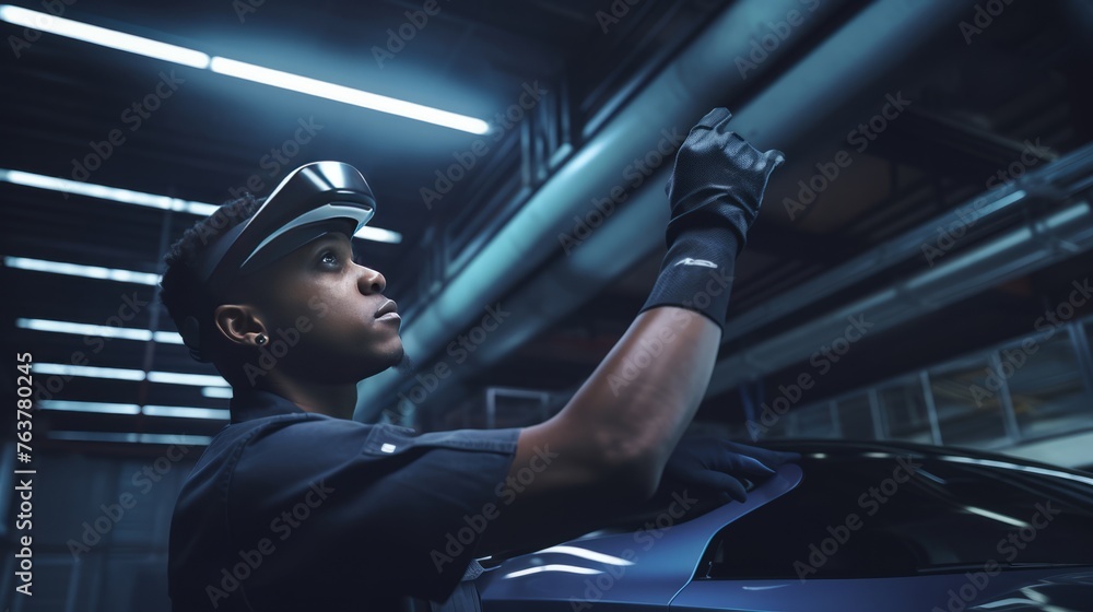A man wearing a virtual reality headset is pointing at something in the distance A man wearing a virtual reality headset is pointing at something in the distance