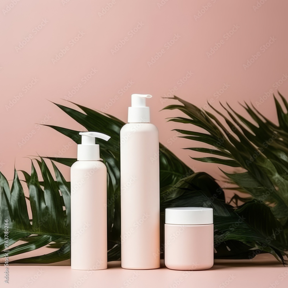 Three bottles of perfume and a white ball on a wooden platform Three bottles of perfume and a white ball on a wooden platform