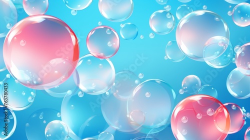 Colorful soap bubbles floating on gradient blue background for design and artwork