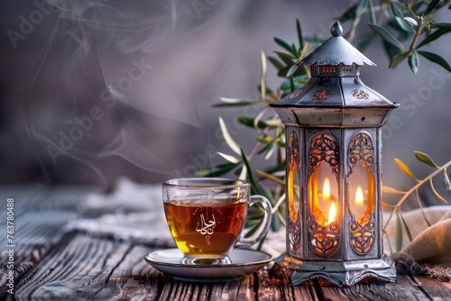 Ramadan Kareem greeting card, invitation. Silver lantern with burning candle. Turkish tea in glass on saucer. Green olive tree branches on old wooden table background. Muslim Iftar - generative ai photo