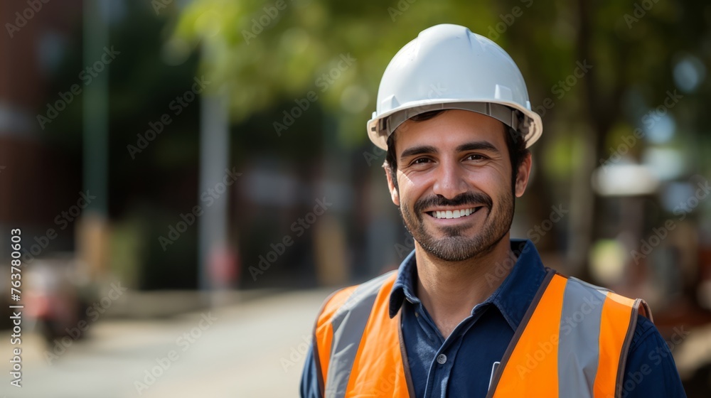 A man wearing a safety vest and a hard hat is smiling A man wearing a safety vest and a hard hat is smiling