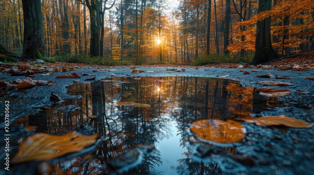 Forest in the morning with trees reflection