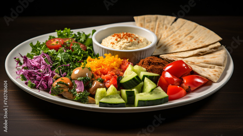 A colorful plate of Mediterranean mezze including humm
