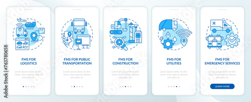 Car fleet variations blue onboarding mobile app screen. Walkthrough 5 steps editable graphic instructions with linear concepts. UI, UX, GUI template. Myriad Pro-Bold, Regular fonts used