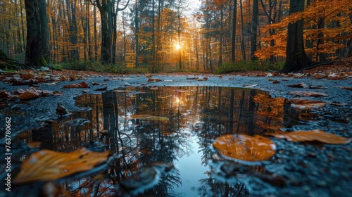Forest in the morning with trees reflection