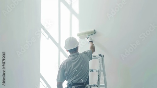 a building contractor worker paints a wall with a roller